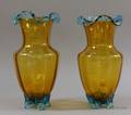 Pair of Bohemian Amber Art Glass Footed Vases with Applied Aquamarine Glass Ruffled Rims and Feet
