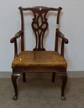 Queen Anne Style Leather Upholstered Carved Mahogany Armchair