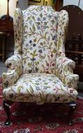 Queen Anne Style Crewelwork Upholstered Mahogany Wing Chair
