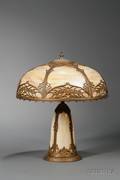 Painted Metal Overlaid Caramel Bent Slag Glass Panel Table Lamp with Illuminated Base