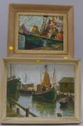 Two Oil on Canvas Harbor Views Mounted onto Board