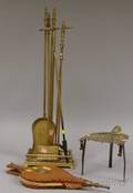Set of Four Brass Fireplace Tools with Stand a Brass Trivet and a Painted Wooden Bellows