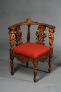 Victorian Italian Renaissance Style Upholstered Carved Walnut Roundabout Chair