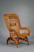 HeywoodWakefield Attributed Victorian Fancy Natural Woven Wicker Platform Armrocker