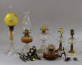 Colorless Sandwich Glass Fluid Lamp and Five Molded Glass Kerosene Lamps