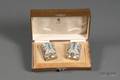 Pair of Boxed Faberge Goldwashed Silver and Enamel Beakers