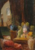 Attributed to George Clare British 18301900 Opulent Still Life and Grand Staircase