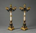Pair of Renaissance Revival Parcelgilt Bronze and Alabaster Sixlight Candelabra