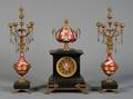 Renaissance Revival ThreePiece Porcelain Slate and Giltmetal Clock Garniture