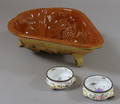 French Glazed Yellow Ware Mold and a Pair of Continental Enameled Footed Salts