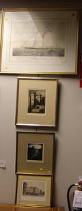 Six Framed Prints Depicting City Scenes Genre Scene and a Marine View