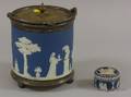 Wedgwood Silver Plate Mounted Dark Blue Jasper Biscuit Barrel and Small Covered Box