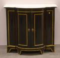 Victorianstyle White Marbletop Gilt and Ebonized Swellfront TwoDoor Side Cabinet