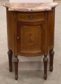 Diminutive Louis XVI Style Marbletop Inlaid Mahogany and Burl Veneer Swellfront Side Cabinet