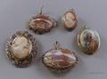 Four Shell Carved Cameo Items and a Goldfilled Framed Handpainted Brooch