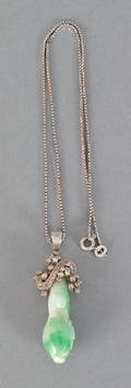 18K white gold jade and diamond drop pendant