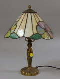 Pairpoint Gilt Cast Metal Table Lamp with Leaded Jeweled and Slag Glass Floral Pattern Shade