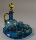 Sixpiece Enamel Decorated Blue Glass Cordial Set