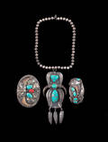 Three pieces of ornate silver Navajo jewelry with turquoise and bone decoration to include a buckle inscribed