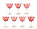 Set of 7 Bohemian Cranberry Cut Glass Goblets