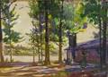 Framed Watercolor on Paperboard Landscape with a Cabin on the Lake Possibly a Maine View