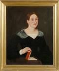 American School 19th Century Portrait of a Young Woman in Black Dress with a Red Book