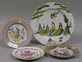 Three English Delftware Plates and a Continental Tin Glazed Rooster Decorated Plate