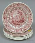Set of Six English Transfer Red and White Clyde Scenery Pattern Staffordshire Plates