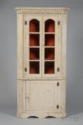 Late 18th Century Glazed Painted Carved Wooden ThreeDoor Corner Cupboard