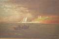 Framed American School Oil on Canvas Coastal Scene with Lobsterman and Distant Sailboat