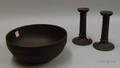 Pair of Wedgwood Black Basalt Candlesticks and a Fruit Bowl