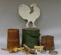 Painted Cut Sheet Metal Rooster a Large Greenpainted Firkin Lidded Pail with Spigot Small Barrel and Nine 