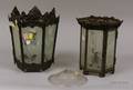 Two Etched Frosted Glass Panel and Tin Hanging Hall Lanterns