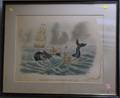 Framed Handcolored Print Whaling in American Waters