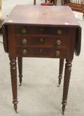Late Federal Mahogany and Mahogany Veneer Dropleaf ThreeDrawer Work Table with Ropeturned Legs