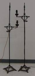 Pair of Art Deco Hammered Wrought Iron Bridge Floor Lamps