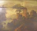 Framed 19th Century American School Oil on Board Landscape with Castle and Waterfall Decorated Fireboard