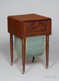 Sheraton Mahogany and Mahogany Veneer Dropleaf ThreeDrawer WritingSewing Table with Damask Upholsteryclad Hanging Bag