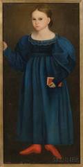 American School 19th Century Portrait of a Girl Wearing a Blue Dress and Red Shoes