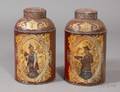 Pair of Painted and Chinoiserie Gilt Decorated Tin Retail Covered Tea Canisters