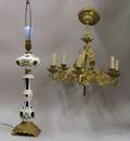 Bohemian Cased Cut Glass Banquet Lamp and a Continentalstyle Painted Metal SixLight Chandelier