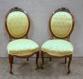 Pair of Victorian Rococo Revival Upholstered Carved Walnut and Burl Veneer Parlor Side Chairs