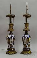 Pair of Brassmounted Gilt and Flow Blue Decorated Ceramic Table Lamps