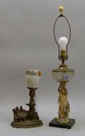 Two Metal Figural Table Lamps and a Metal Bridge Floor Lamp
