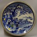 Framed Japanese Blue and White Decorated Porcelain Charger with Tinted Highlighting