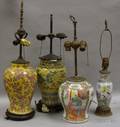 Two Japanese Enamel Decorated Ceramic Vase Table Lamps and Two Chinese Export Porcelain Table Lamps