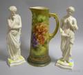 Two Belleek Classicalstyle Porcelain Maiden Figures and a Lenox Belleek Handpainted Grapevine Decorated Porcelain Pitcher