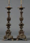 Pair of Tall Italian Pressed Metal Baroque Candlestick Lamp Bases
