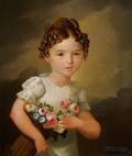British School 19th Century Portrait of a Girl in White with a Basket of Flowers