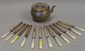 Asianstyle Pewter Teapot and Set of Twelve Motherofpearl Handled Knives